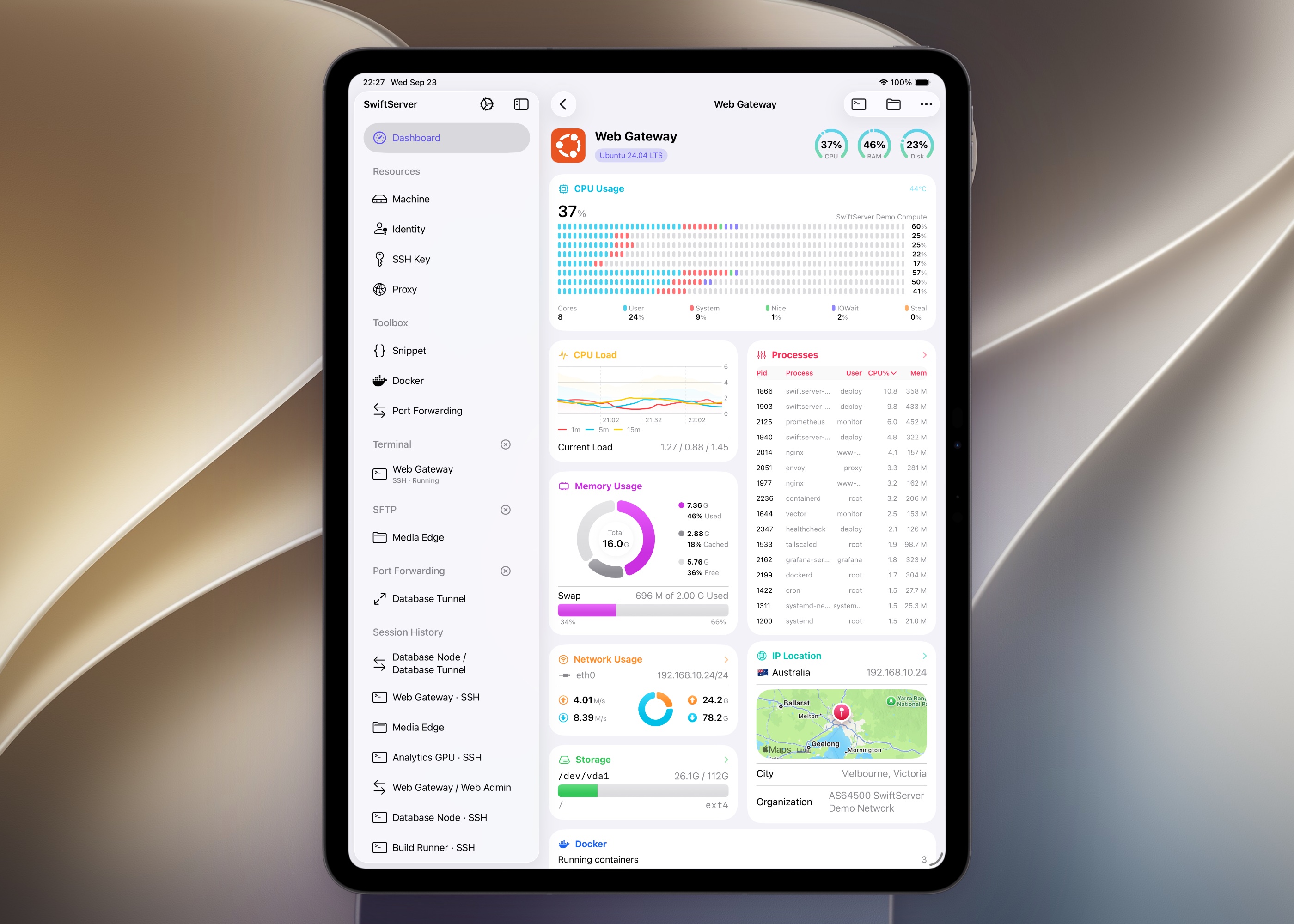 SwiftServer on iPad showing a live server dashboard with CPU, memory, processes, network, storage and IP location